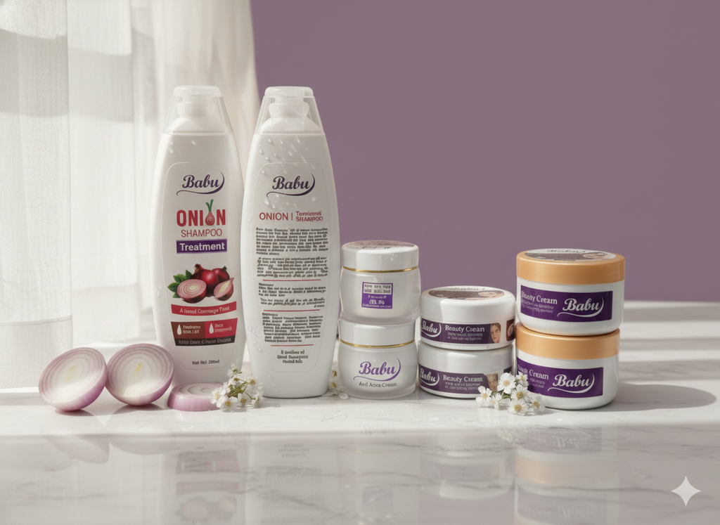 BABU Beauty Care Bundle for Hair & Skin – Onion Shampoo, Whitening Cream & Anti-Acne Cream
